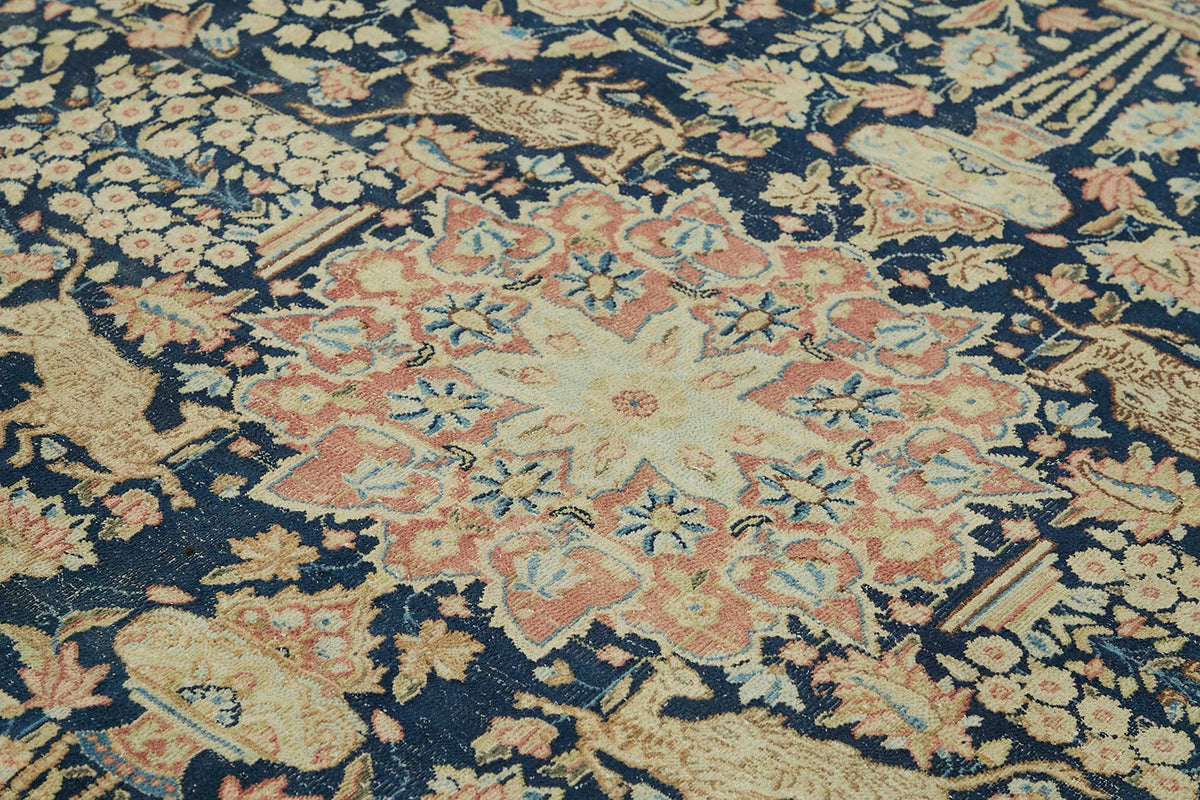 Rusvo Lacivert Bej Halı Çiçek Desenli Vintage Dokuma 276x348 cm – mekânda kullanım
