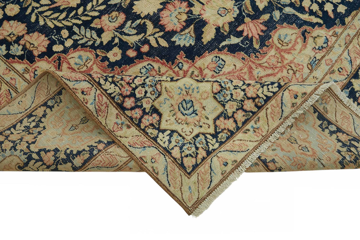 Rusvo Lacivert Bej Halı Çiçek Desenli Vintage Dokuma 276x348 cm – kenar detayı