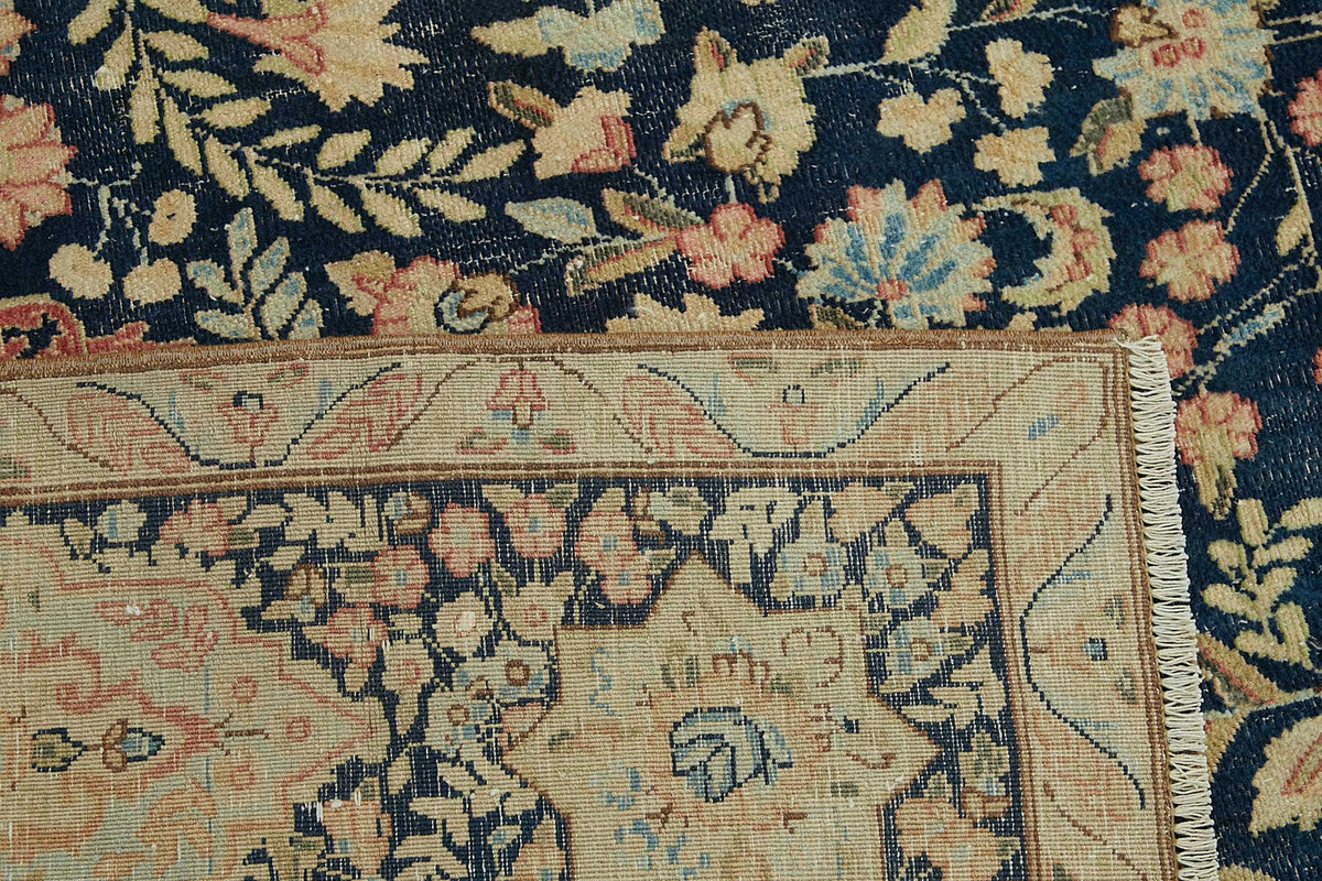 Rusvo Lacivert Bej Halı Çiçek Desenli Vintage Dokuma 276x348 cm – arka yüz görünümü