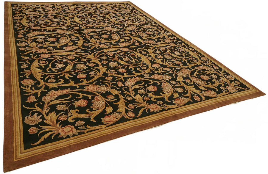 Vamave Düz Siyah Halı Çiçek Desenli Vintage Uşak 285x402 cm – genel görünüm