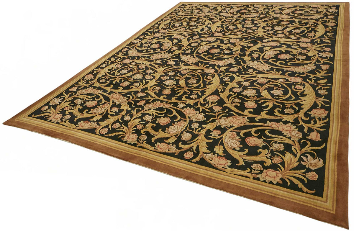 Vamave Düz Siyah Halı Çiçek Desenli Vintage Uşak 285x402 cm – doku yakın çekim