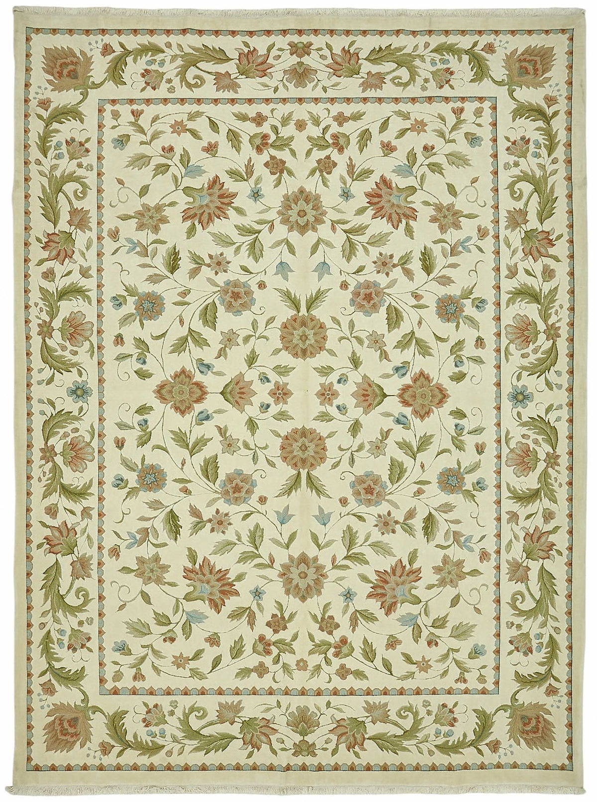 Vamave Krem Yeşil Çiçekli Uşak El Dokuma Halı 274x370 cm