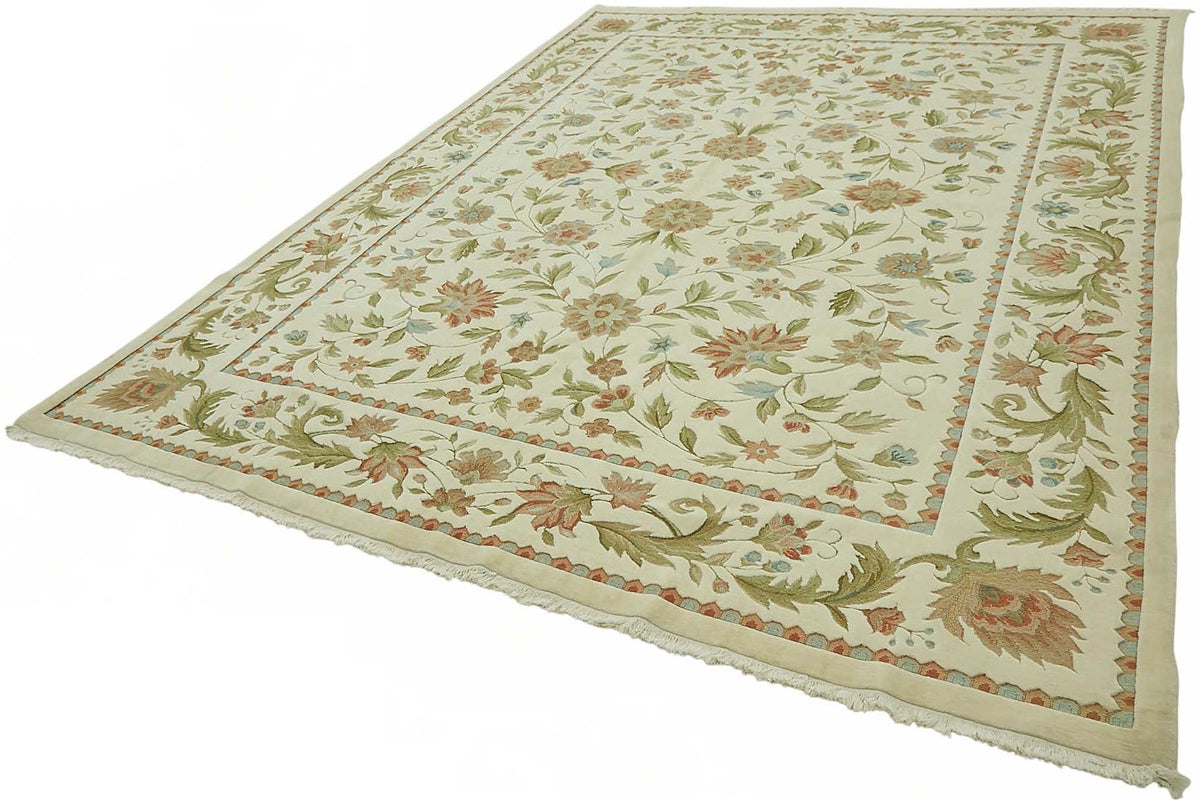 Vamave Krem Yeşil Çiçekli Uşak El Dokuma Halı 274x370 cm – doku yakın çekim