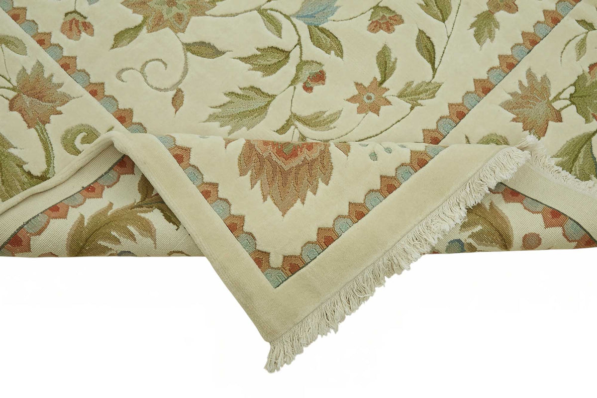 Vamave Krem Yeşil Çiçekli Uşak El Dokuma Halı 274x370 cm – kenar detayı