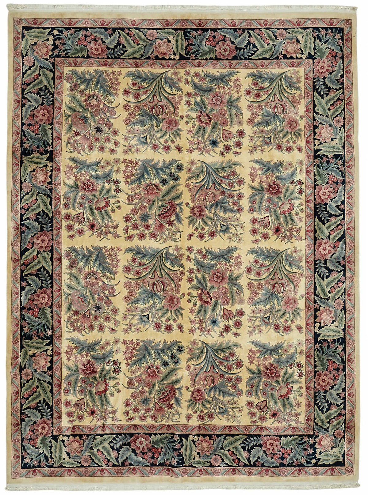 Vamave Çiçek Desenli Bej Lacivert Uşak El Dokuma Halı 278x370 cm