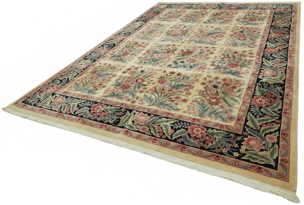 Vamave Çiçek Desenli Bej Lacivert Uşak El Dokuma Halı 278x370 cm – doku yakın çekim