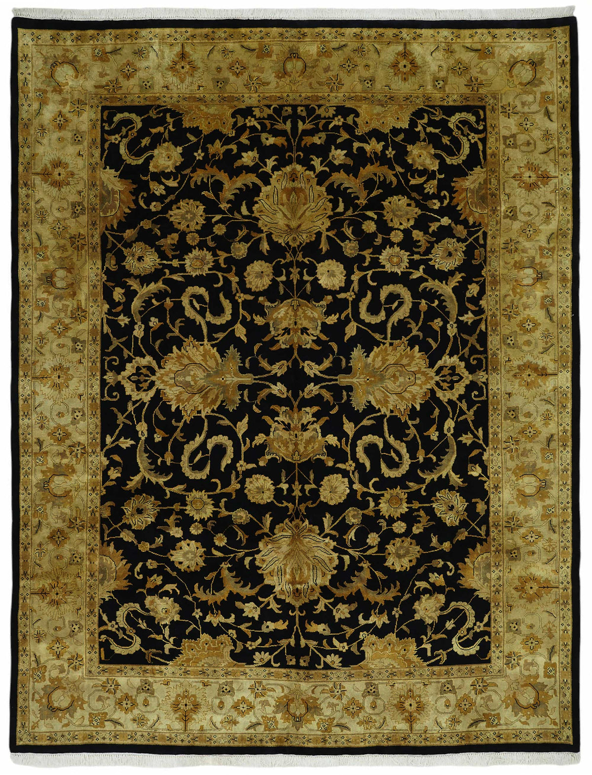 Vamave Siyah Zeminli Gold Çiçek Desenli Yün Uşak Halı 280x363 cm