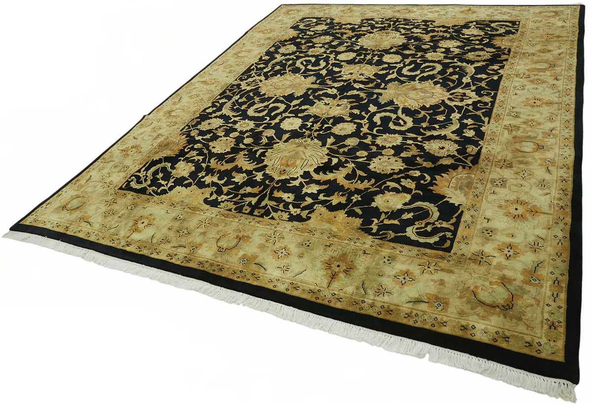 Vamave Siyah Zeminli Gold Çiçek Desenli Yün Uşak Halı 280x363 cm – doku yakın çekim