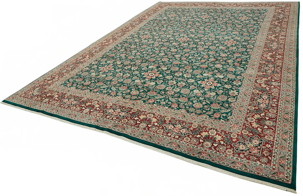 Vamave Koyu Yeşil Çiçekli Yün ve Pamuk Uşak Halısı 305x443 cm – doku yakın çekim