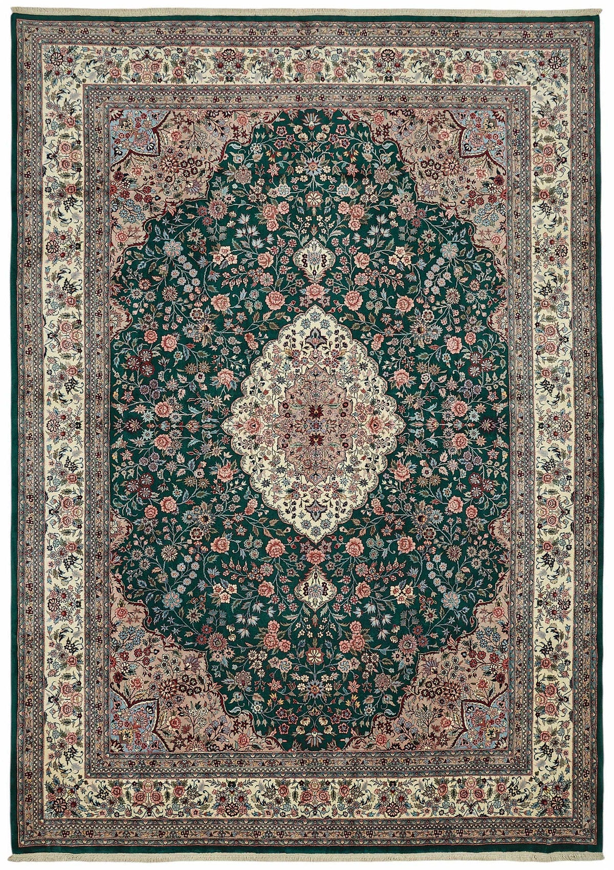 Vamave Zümrüt Yeşili ve Bej Çiçekli Yün Uşak Halısı 295x417 cm