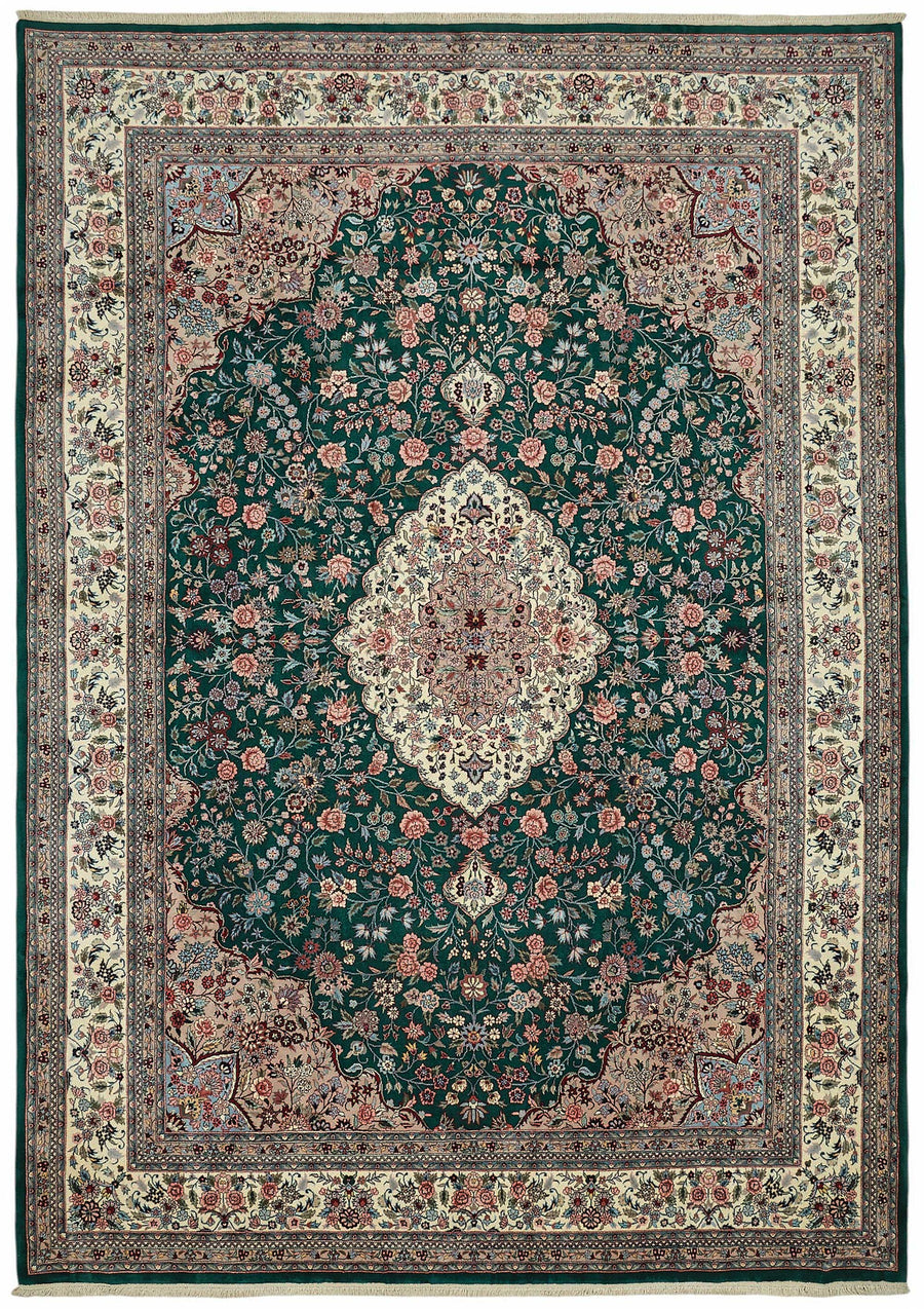 Vamave Zümrüt Yeşili ve Bej Çiçekli Yün Uşak Halısı 295x417 cm