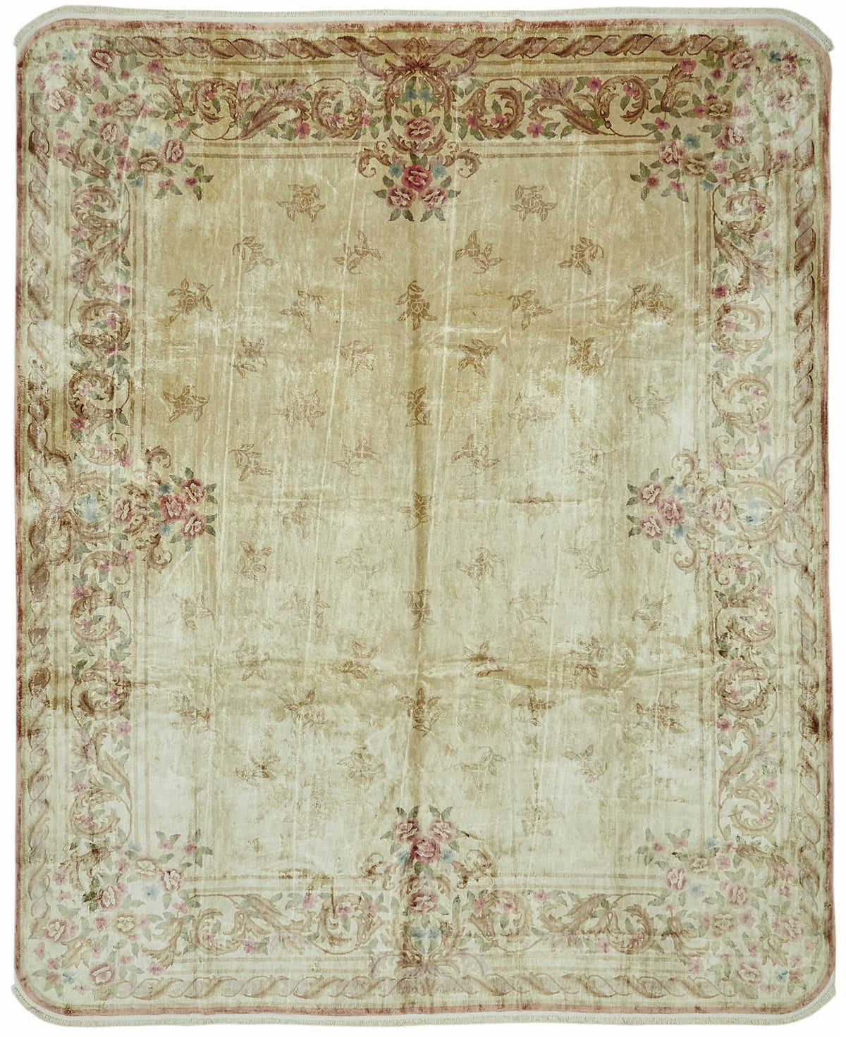 Vamave Bej Pembe Çiçekli Uşak El Dokuma Halı 362x443 cm