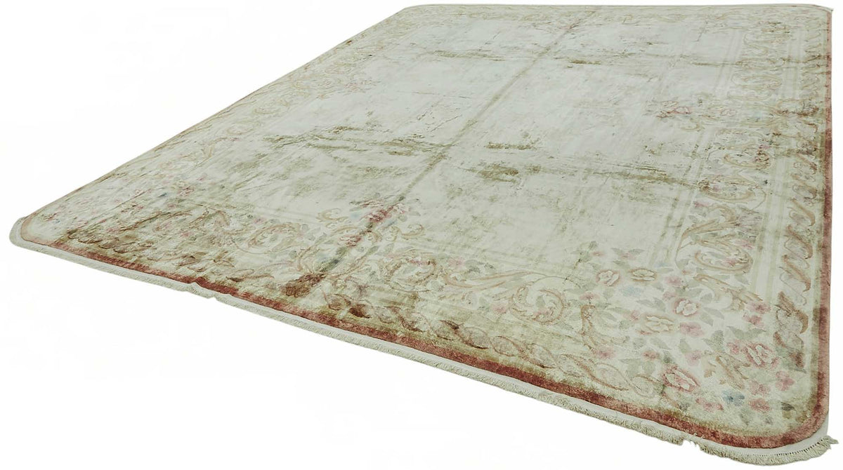 Vamave Bej Pembe Çiçekli Uşak El Dokuma Halı 362x443 cm – doku yakın çekim
