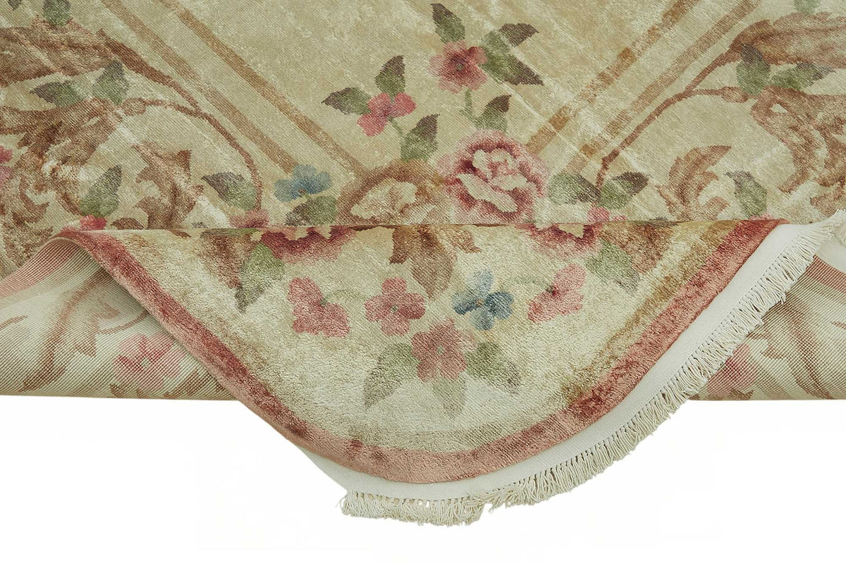 Vamave Bej Pembe Çiçekli Uşak El Dokuma Halı 362x443 cm – kenar detayı