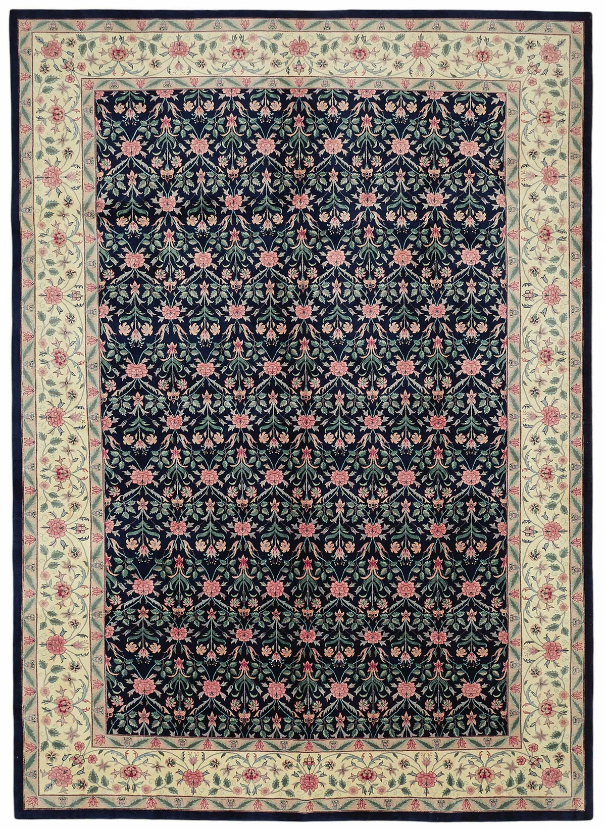 Vamave Lacivert Krem Çiçek Desenli Uşak El Dokuma Halı 306x428 cm