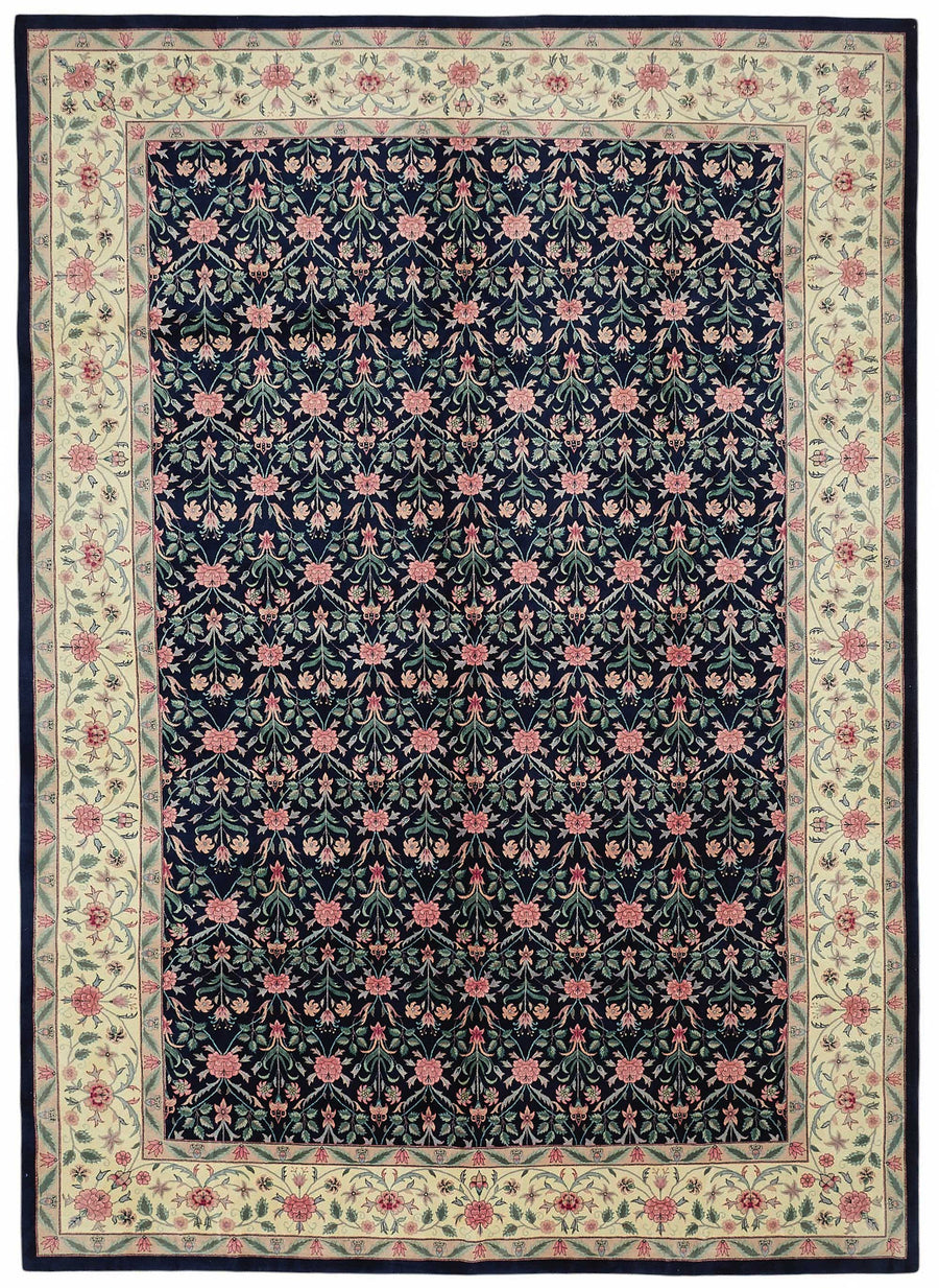 Vamave Lacivert Krem Çiçek Desenli Uşak El Dokuma Halı 306x428 cm