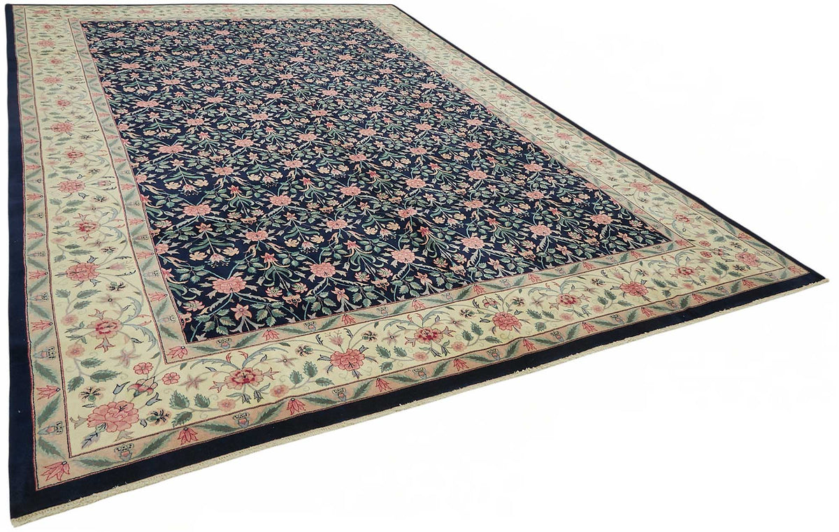 Vamave Lacivert Krem Çiçek Desenli Uşak El Dokuma Halı 306x428 cm – genel görünüm