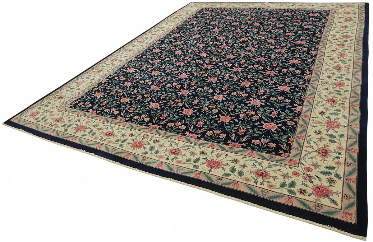 Vamave Lacivert Krem Çiçek Desenli Uşak El Dokuma Halı 306x428 cm – doku yakın çekim
