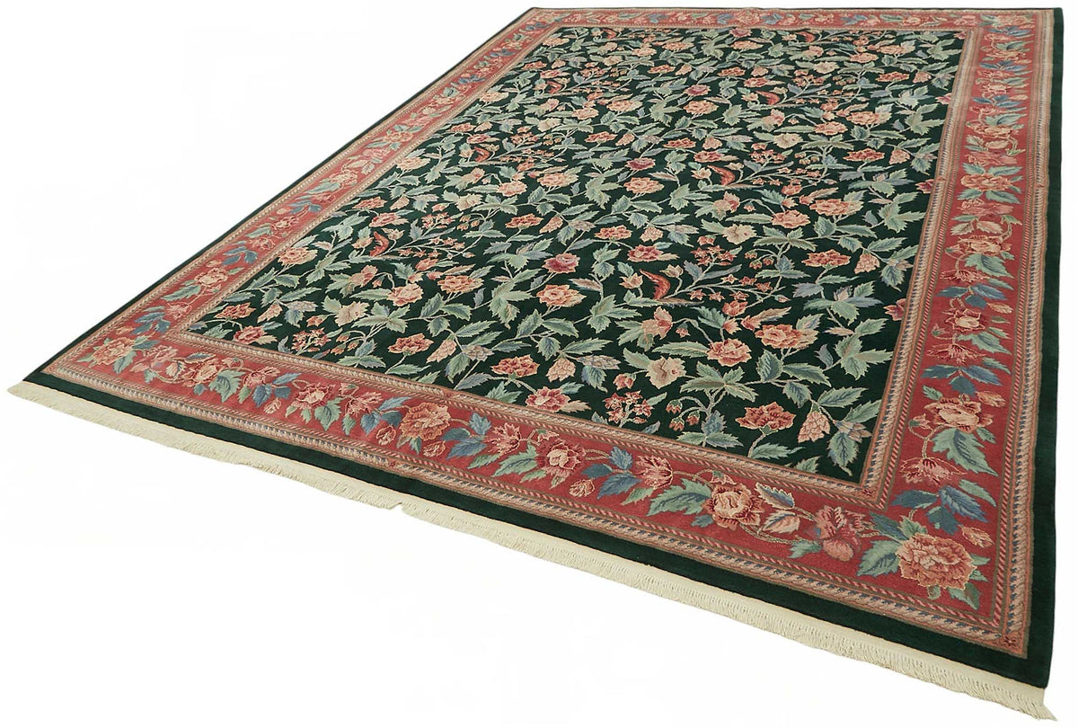 Vamave Koyu Yeşil Çiçek Desenli Pamuk ve Yün Uşak Halısı 270x355 cm – doku yakın çekim