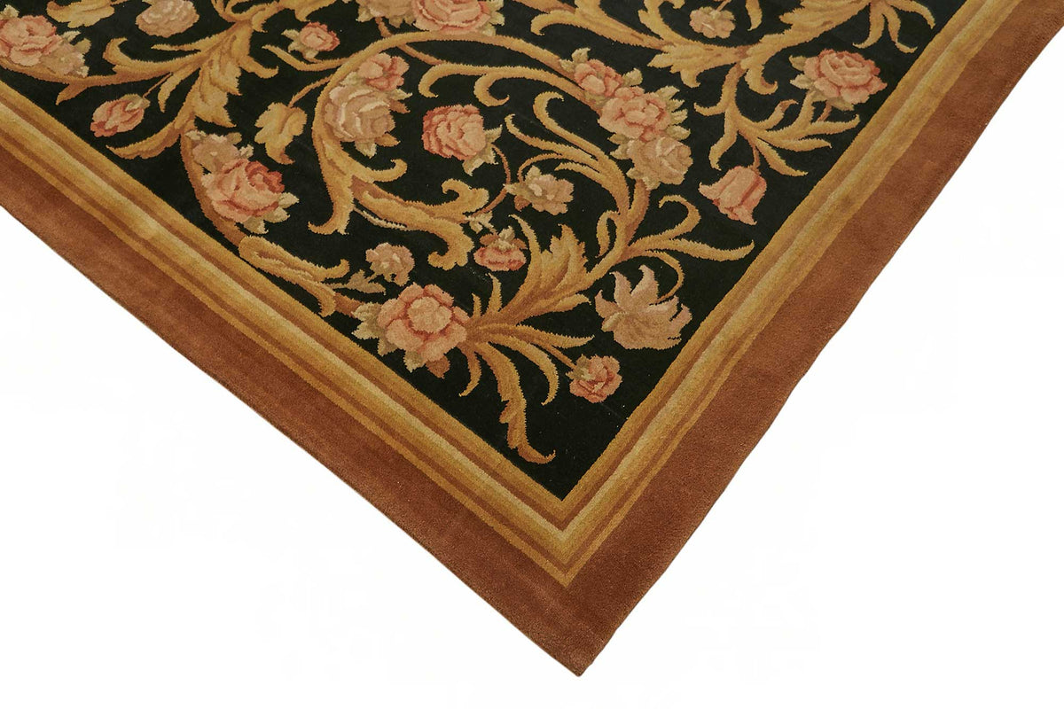 Vamave Siyah Gold Çiçek Desenli Yün El Dokuma Uşak Halı 287x402 cm – detay görünümü