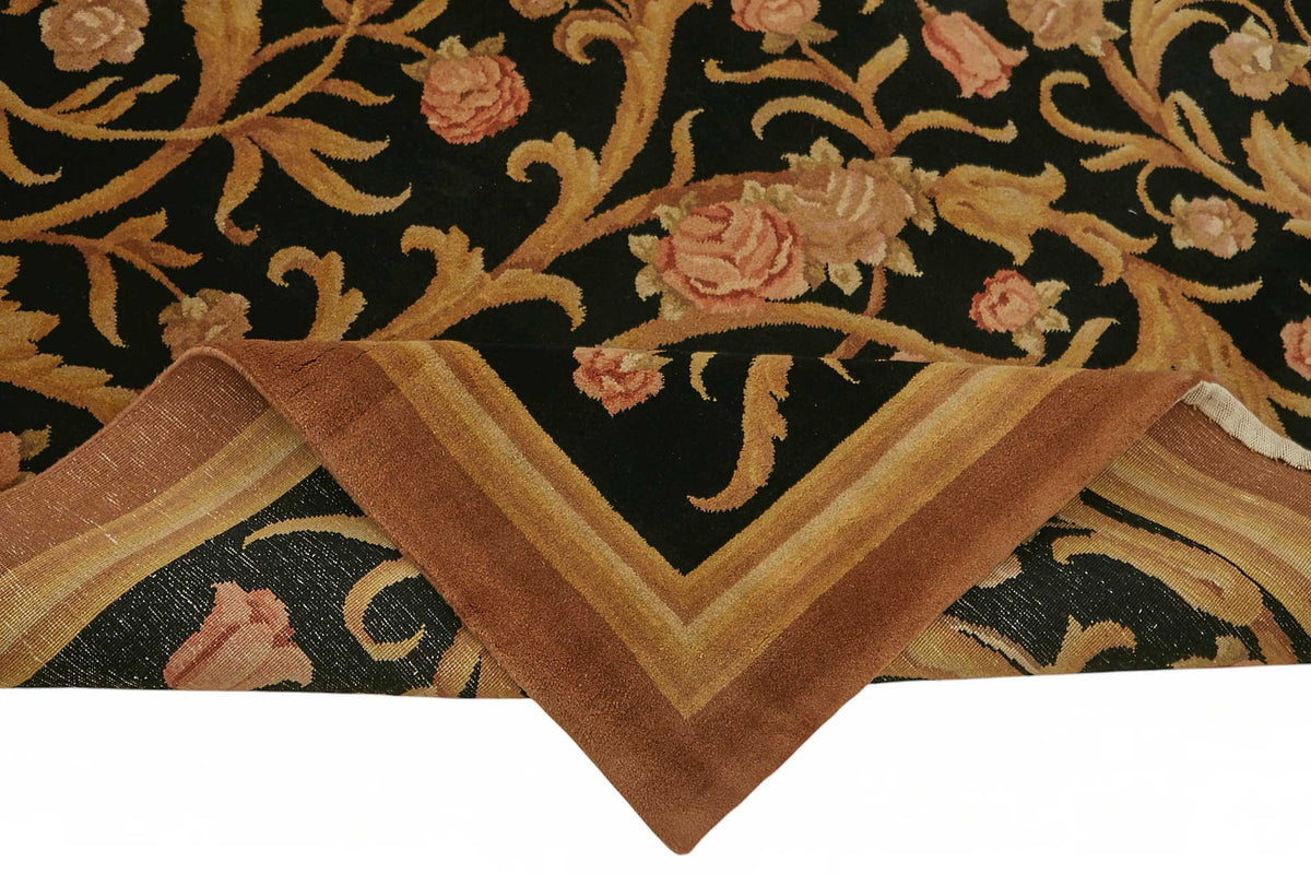 Vamave Siyah Gold Çiçek Desenli Yün El Dokuma Uşak Halı 287x402 cm – kenar detayı