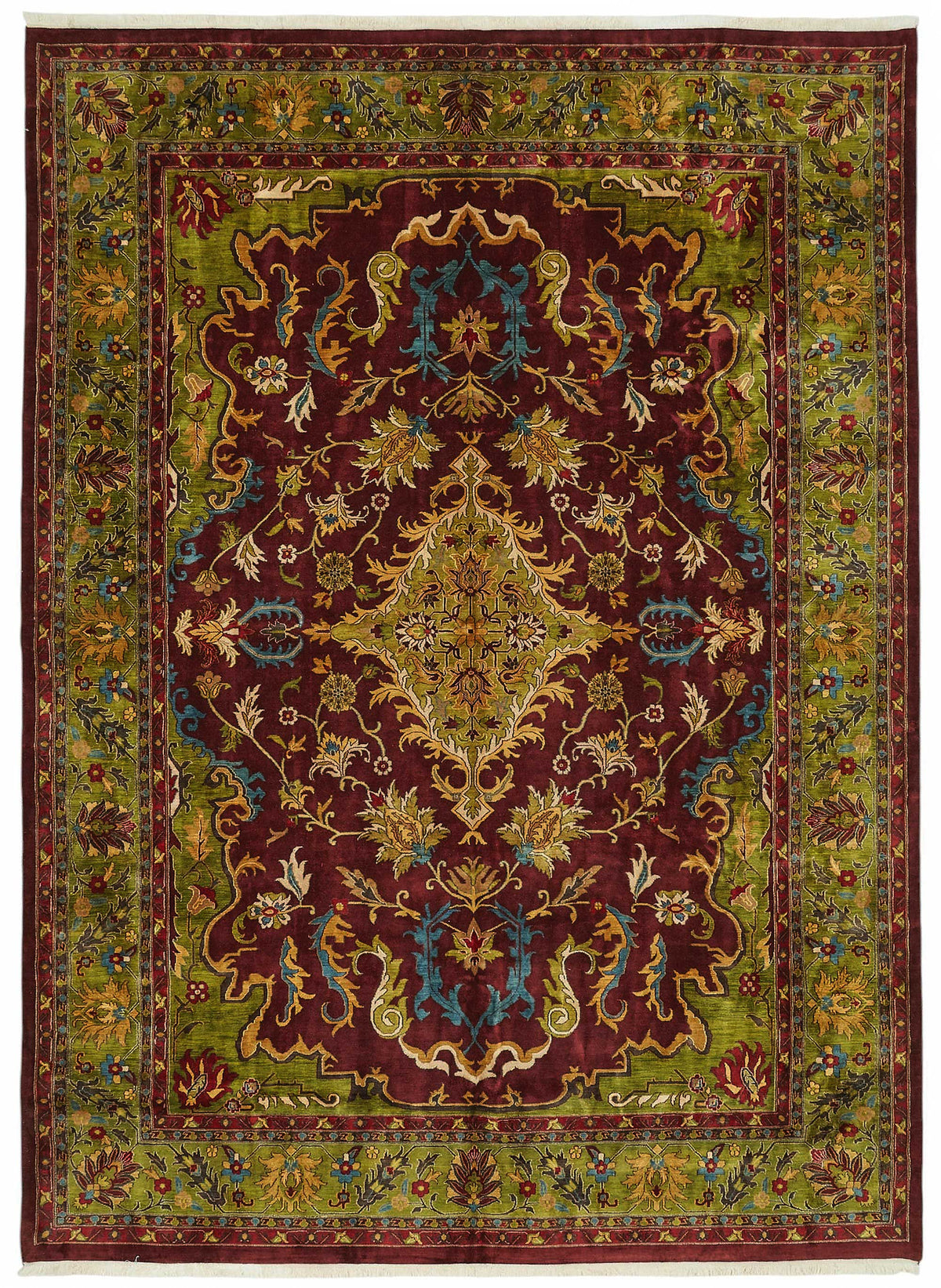 Vamave Bordo Yeşil Madalyon Desenli Uşak El Dokuma Halı 305x425 cm