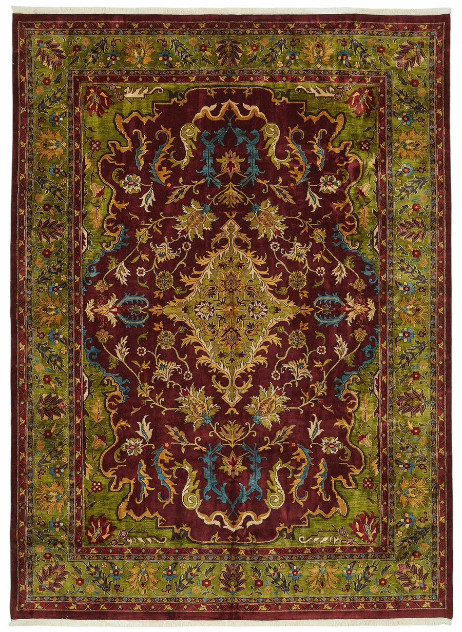 Vamave Bordo Yeşil Madalyon Desenli Uşak El Dokuma Halı 305x425 cm