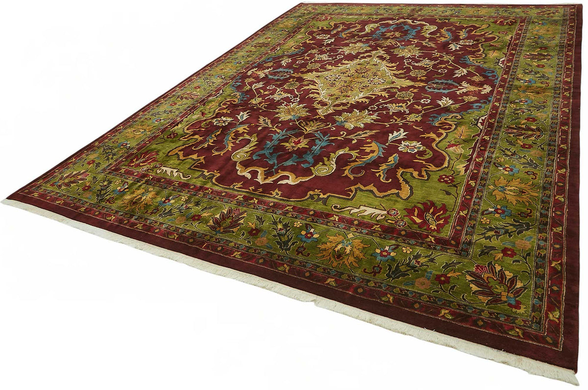 Vamave Bordo Yeşil Madalyon Desenli Uşak El Dokuma Halı 305x425 cm – doku yakın çekim