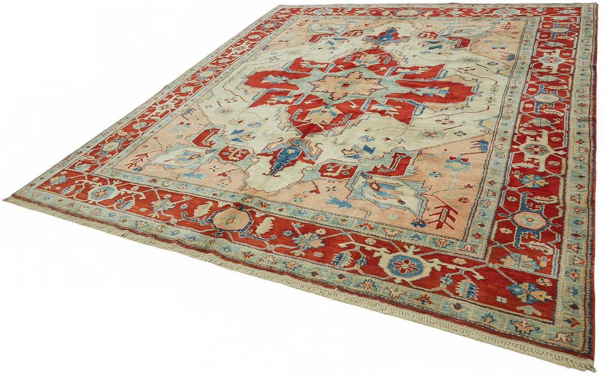Vamave Kırmızı Etnik Halı Lacivert ve Bej Tonlu Uşak Dokuma 281x327 cm – doku yakın çekim