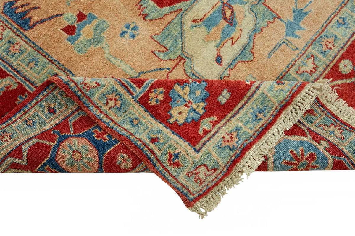 Vamave Kırmızı Etnik Halı Lacivert ve Bej Tonlu Uşak Dokuma 281x327 cm – kenar detayı