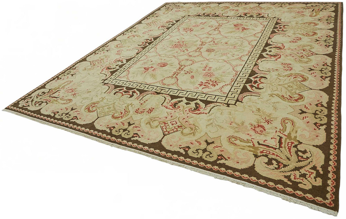 Vamave Bej Kahverengi Çiçek Desenli Uşak El Dokuma Halı 305x370 cm – doku yakın çekim
