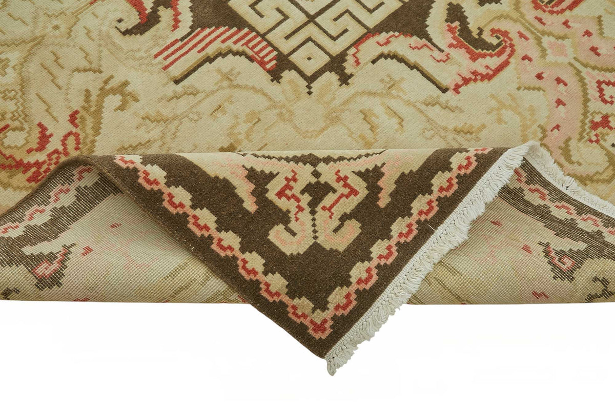 Vamave Bej Kahverengi Çiçek Desenli Uşak El Dokuma Halı 305x370 cm – kenar detayı