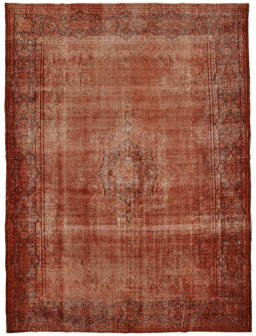 Zelko Kırmızı ve Bej Madalyon Desenli Eskitme El Dokuma Halı 297x402 cm