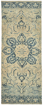 Rusvo Vintage Bej Lacivert Madalyon Desenli El Dokuma Halı 160x403 cm
