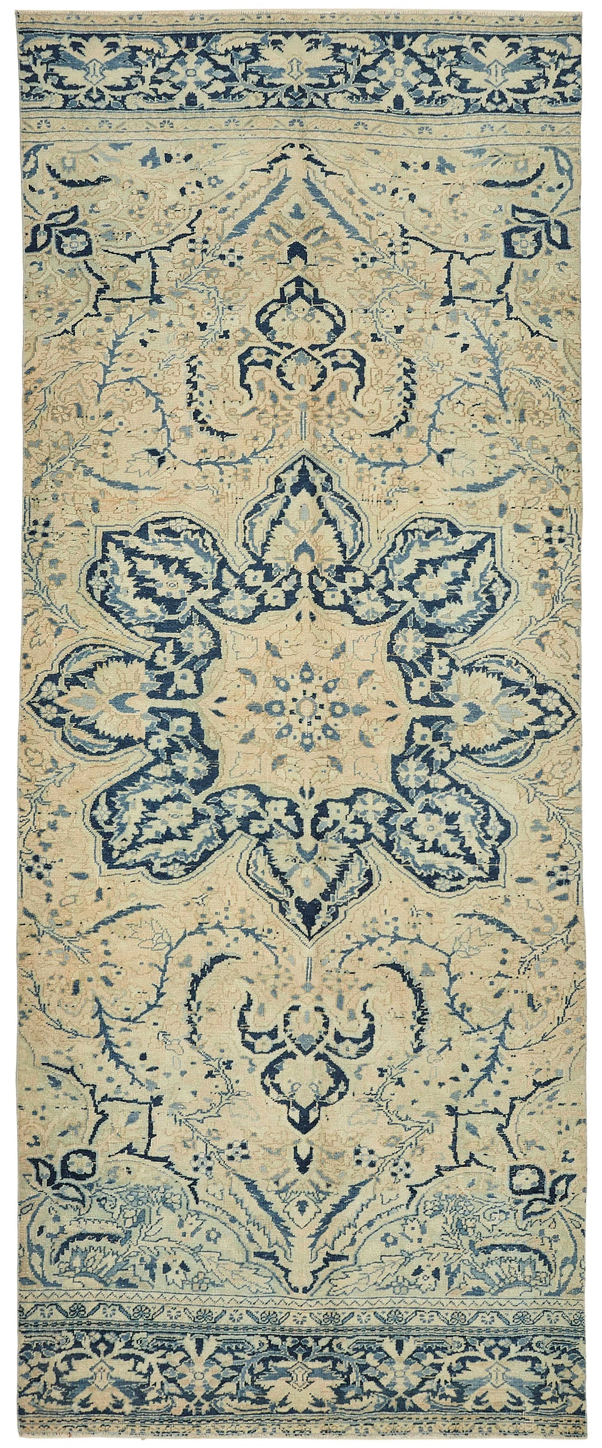 Rusvo Vintage Bej Lacivert Madalyon Desenli El Dokuma Halı 160x403 cm