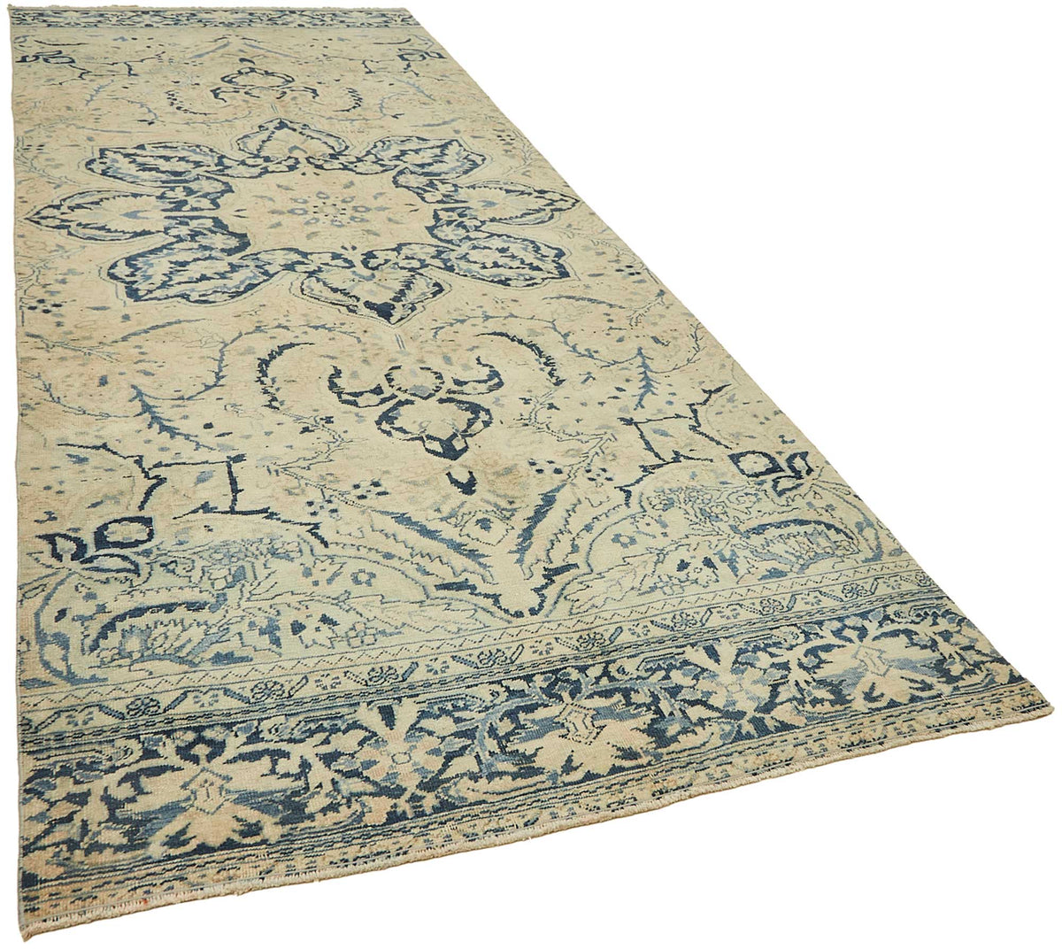 Rusvo Vintage Bej Lacivert Madalyon Desenli El Dokuma Halı 160x403 cm – genel görünüm