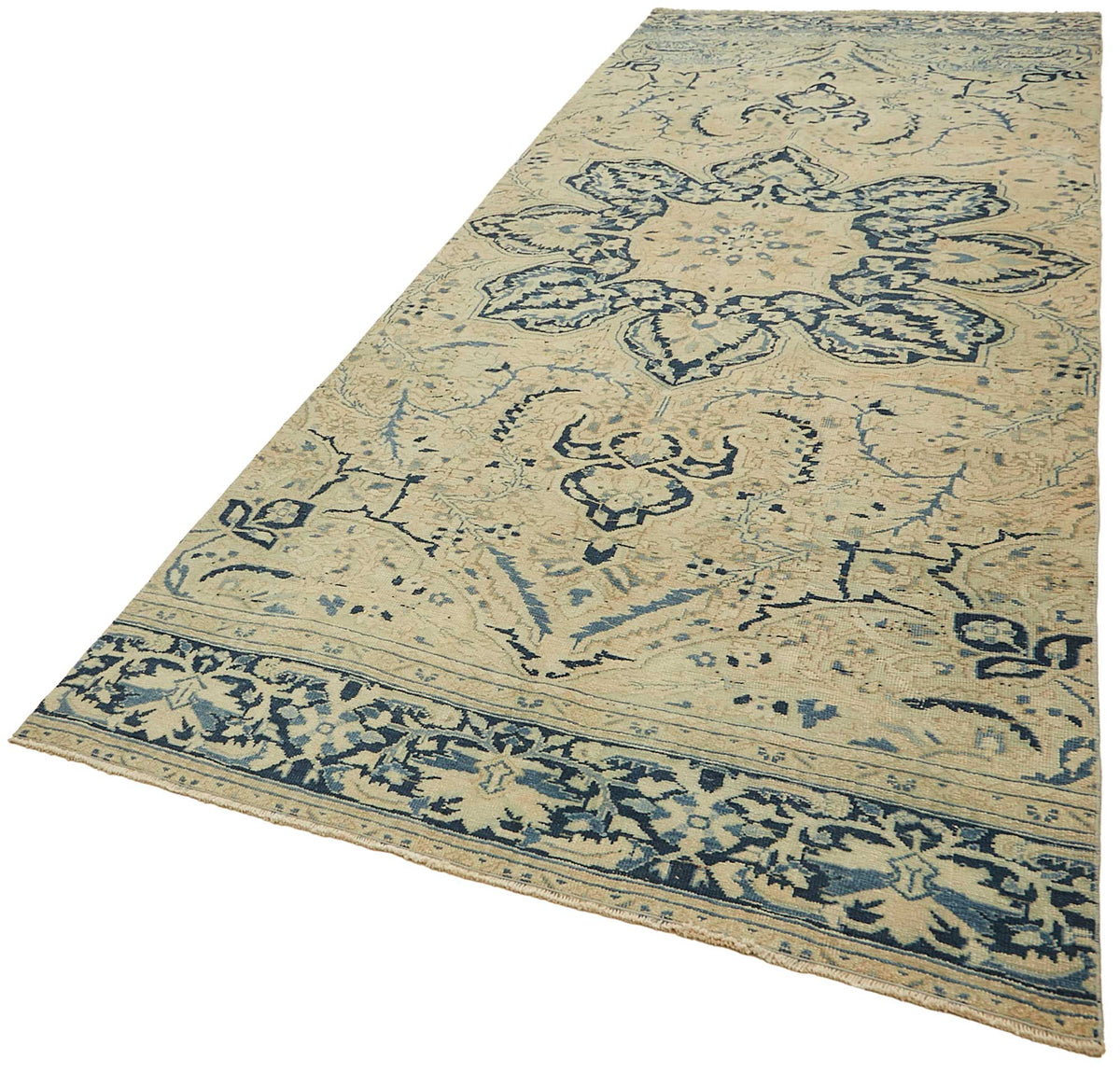 Rusvo Vintage Bej Lacivert Madalyon Desenli El Dokuma Halı 160x403 cm – doku yakın çekim