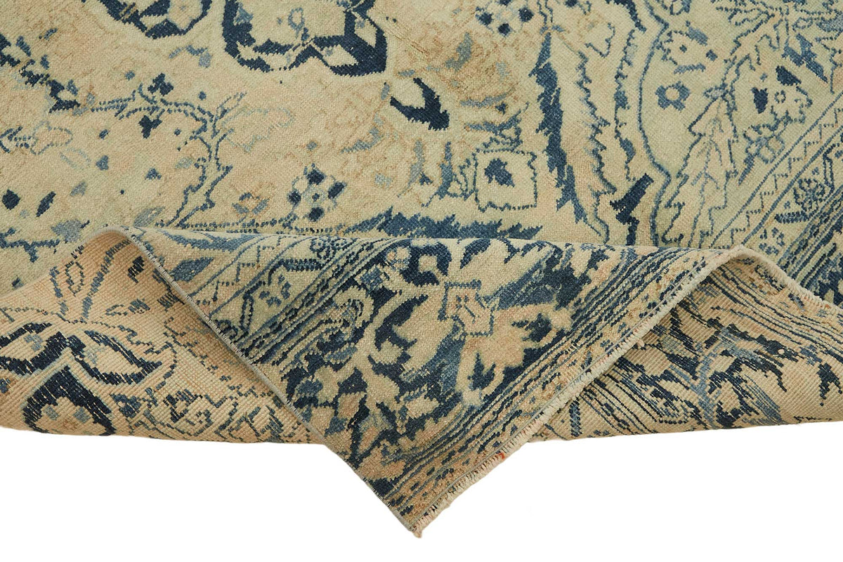 Rusvo Vintage Bej Lacivert Madalyon Desenli El Dokuma Halı 160x403 cm – kenar detayı