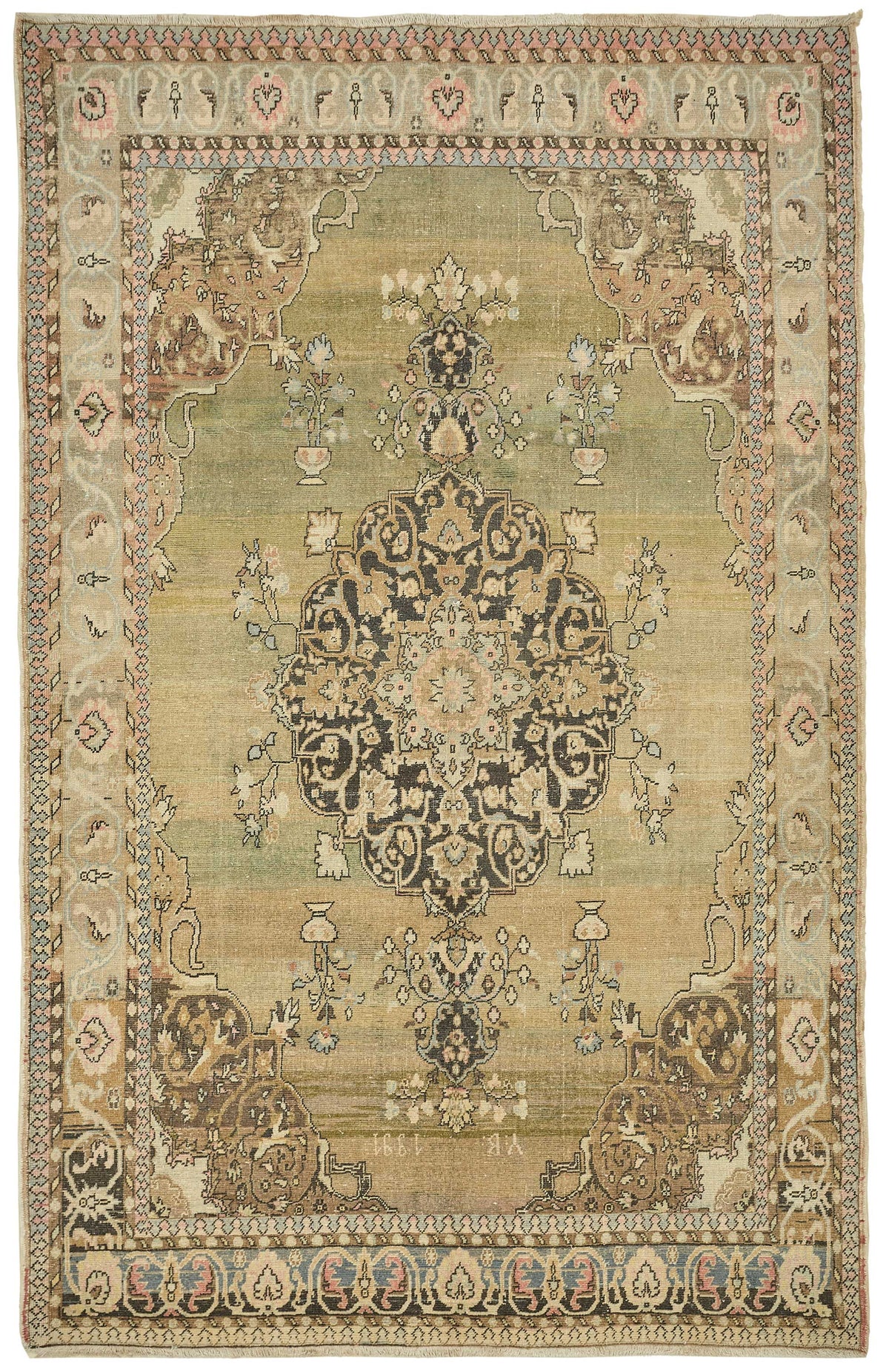 Rusvo Yeşil Bej Madalyon Desenli Vintage Yün Halı 200x310 cm