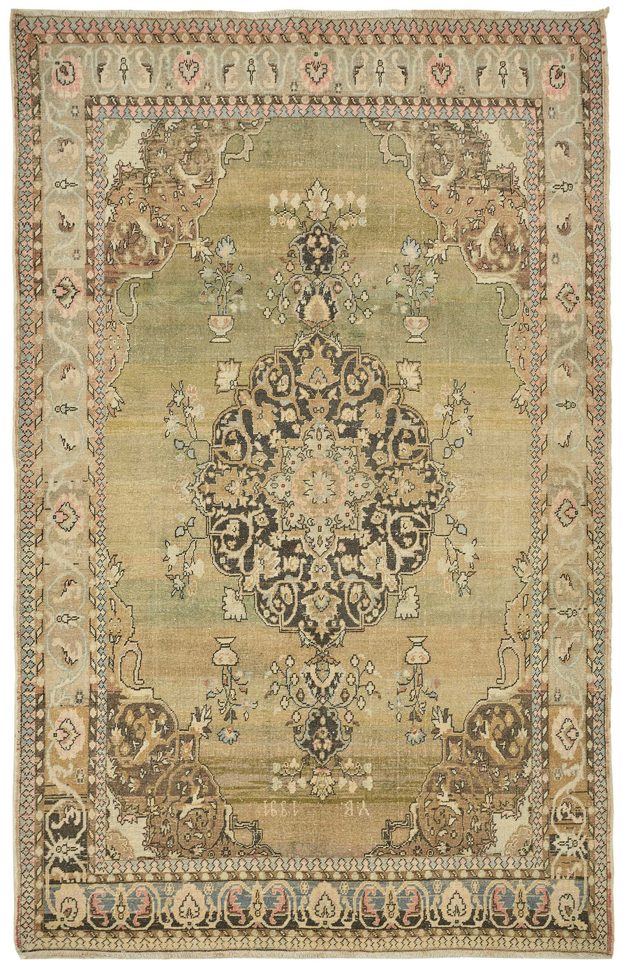 Rusvo Grün Beige Medaillonmuster Vintage Wolle Handgewebter Teppich 200x310 cm