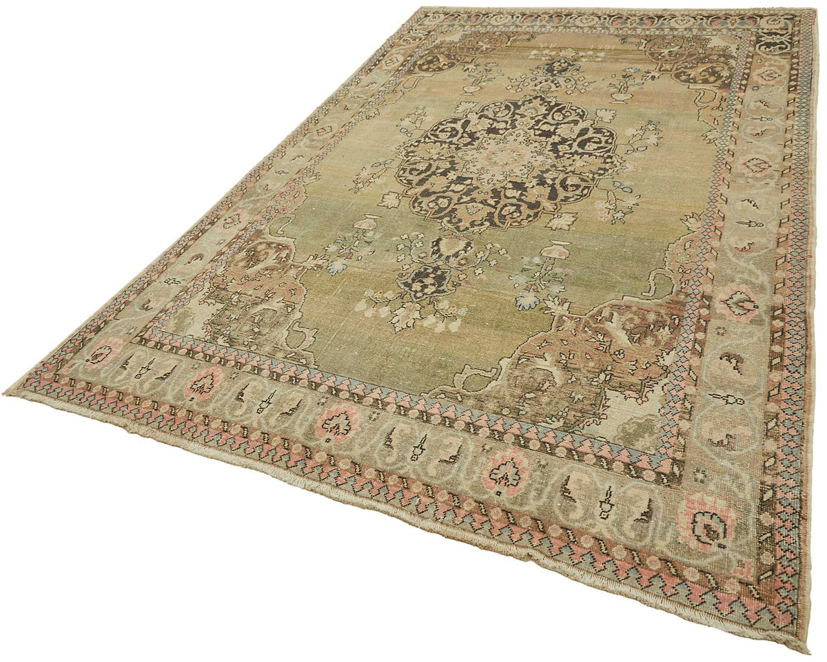 Rusvo Yeşil Bej Madalyon Desenli Vintage Yün Halı 200x310 cm – doku yakın çekim