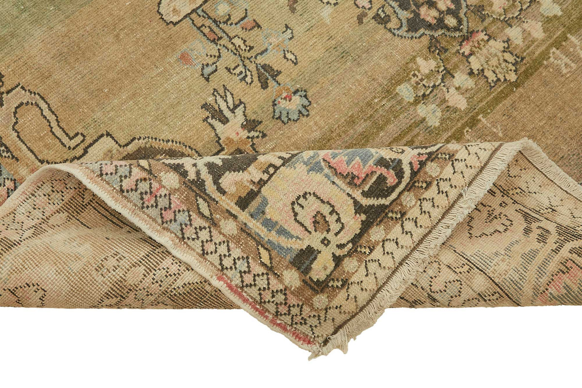 Rusvo Yeşil Bej Madalyon Desenli Vintage Yün Halı 200x310 cm – kenar detayı