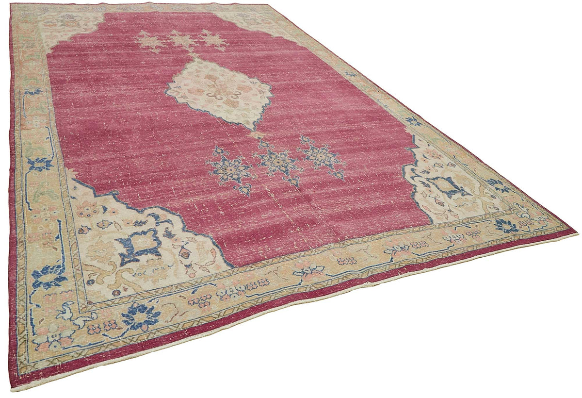 Rusvo Düz pembe halı vintage el dokuma madalyon desenli 260x414 cm – genel görünüm