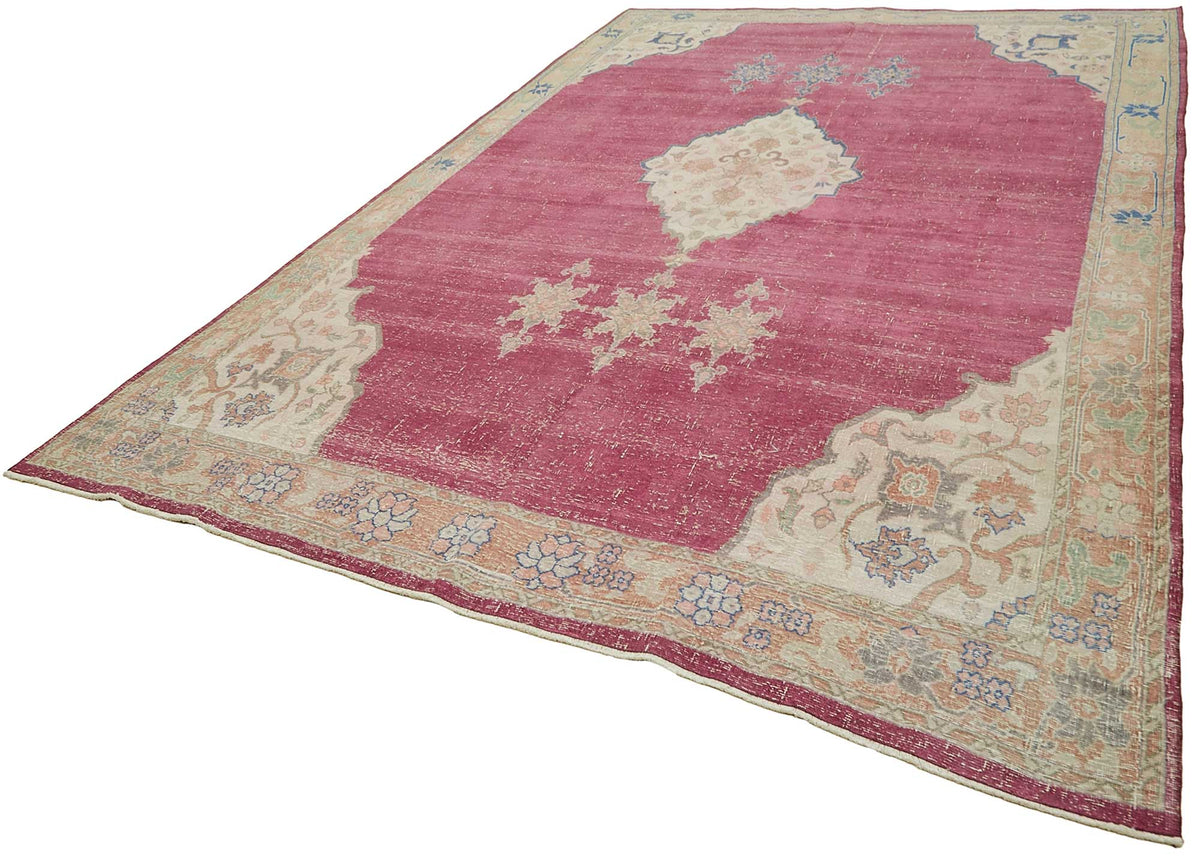 Rusvo Düz pembe halı vintage el dokuma madalyon desenli 260x414 cm – doku yakın çekim