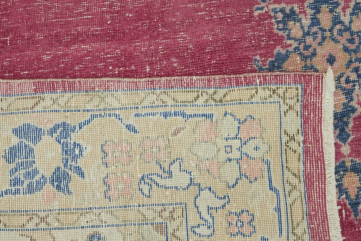 Rusvo Düz pembe halı vintage el dokuma madalyon desenli 260x414 cm – arka yüz görünümü