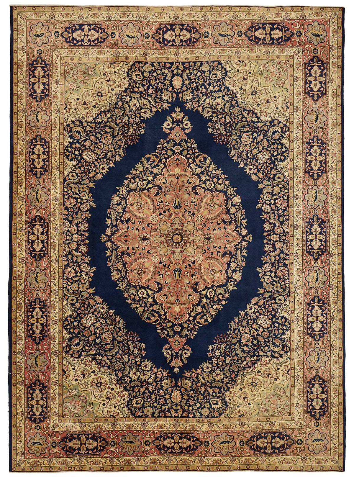 Rusvo Vintage Lacivert Bej Madalyon Desenli El Dokuma Halı 290x395 cm