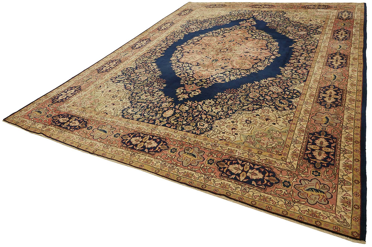 Rusvo Vintage Lacivert Bej Madalyon Desenli El Dokuma Halı 290x395 cm – doku yakın çekim