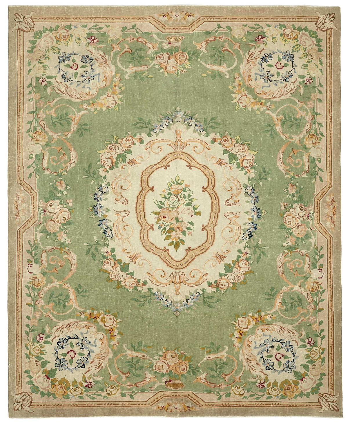Rusvo Yeşil Bej Çiçek Desenli Yün El Dokuma Halı 300x370 cm