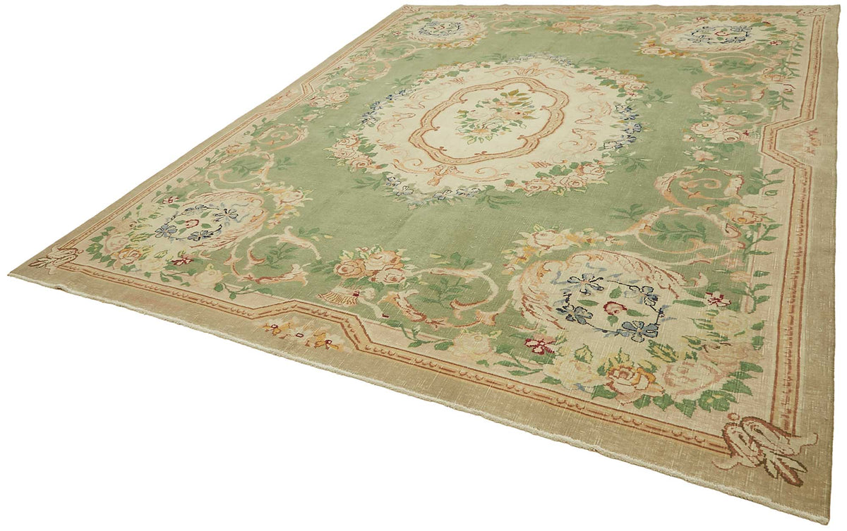 Rusvo Yeşil Bej Çiçek Desenli Yün El Dokuma Halı 300x370 cm – doku yakın çekim