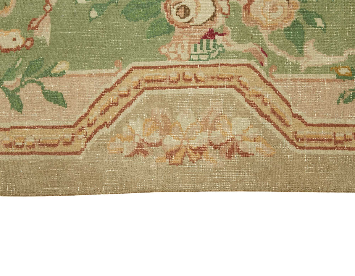 Rusvo Yeşil Bej Çiçek Desenli Yün El Dokuma Halı 300x370 cm – farklı açı